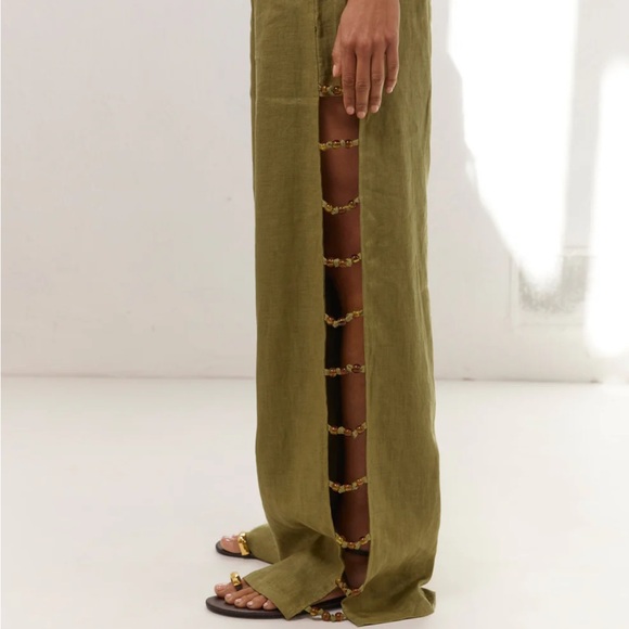 Chic Olive Wide Leg Pants with Side Beading - Picture 1 of 5